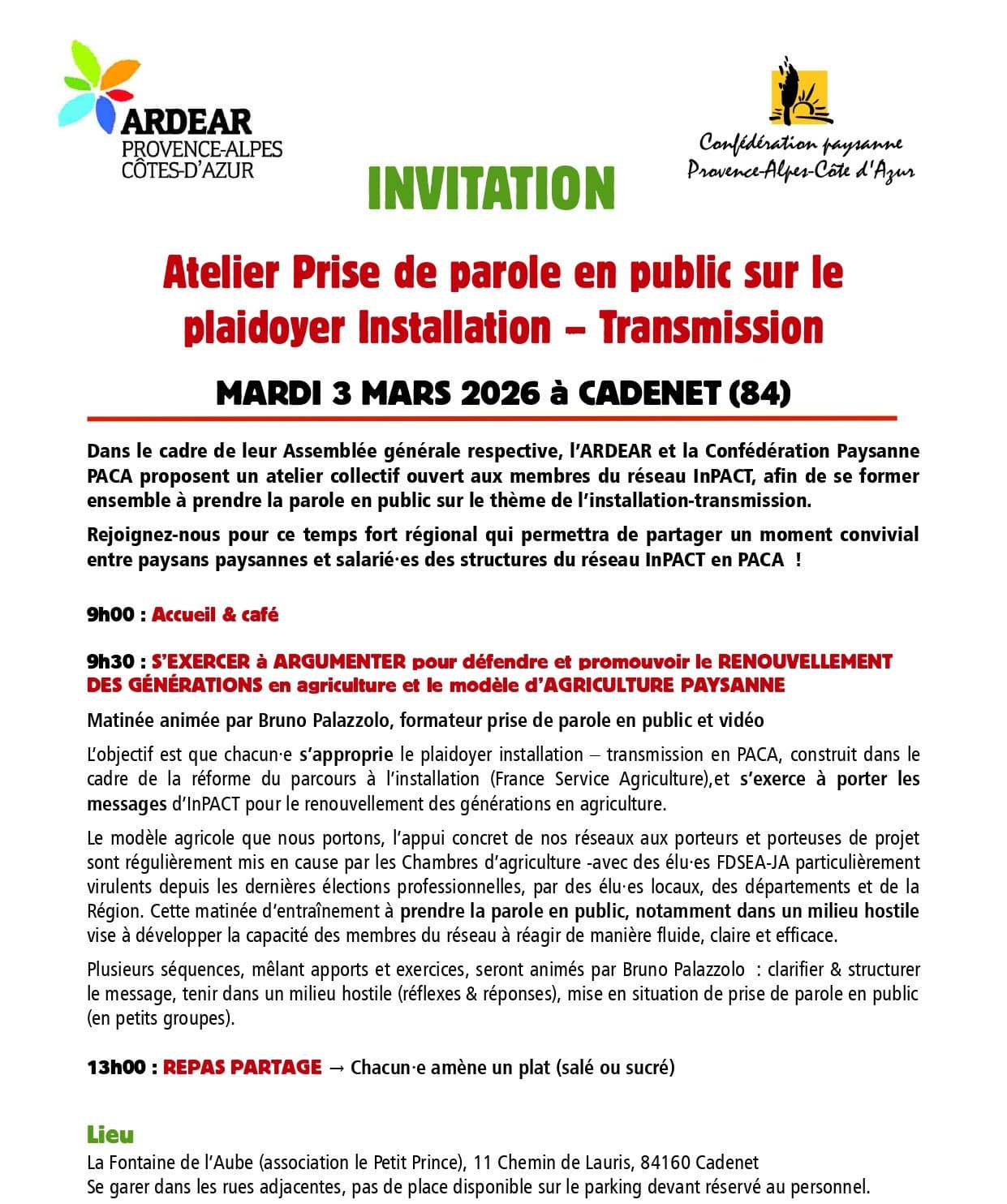 Atelier Prise de parole en public sur le plaidoyer Installation – Transmission