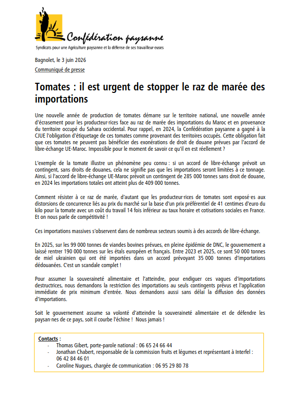 Tomates : il est urgent de stopper le raz de marée des importations