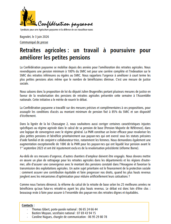 Retraites agricoles : un travail à poursuivre pour améliorer les petites pensions