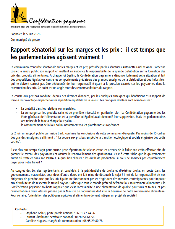 Rapport sénatorial sur les marges et les prix : il est temps que les parlementaires agissent vraiment !